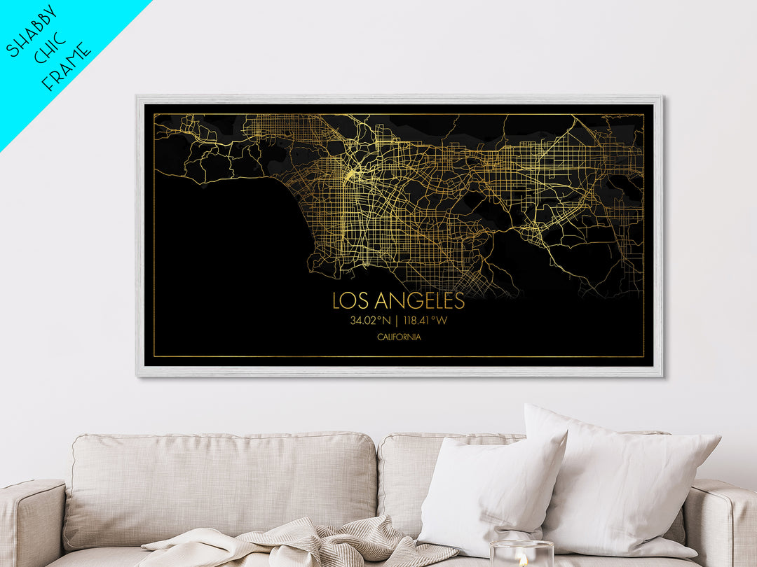 Los Angeles California City street map, Metallic Gold Print, Metal Art, wood framed map, black and gold, Street Map Art, Travel Poster