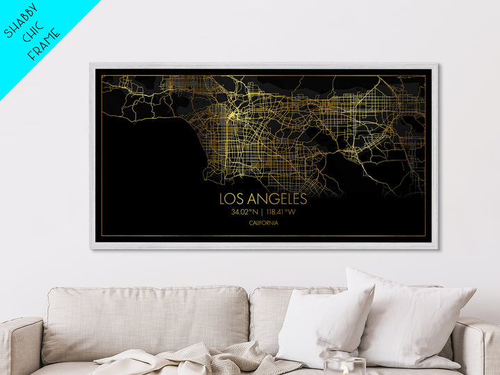Los Angeles California City street map, Metallic Gold Print, Metal Art, wood framed map, black and gold, Street Map Art, Travel Poster