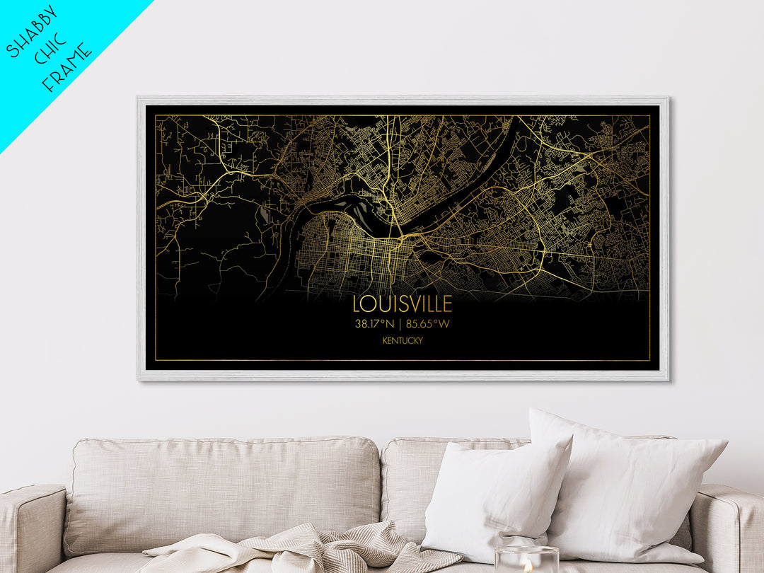 Louisville Kentucky City Poster, Metallic Gold Art, Metal Art, real wood frames, black and gold, Street Map Wall Art, Map Art
