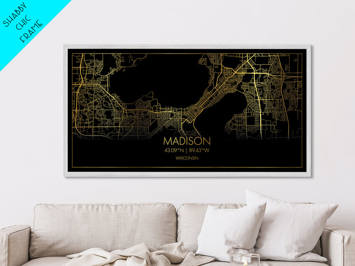 Madison Wisconsin City Poster, Metallic Gold Art, Metal Art, real wood frames, black and gold, Travel Poster, Minimalist Wall Art