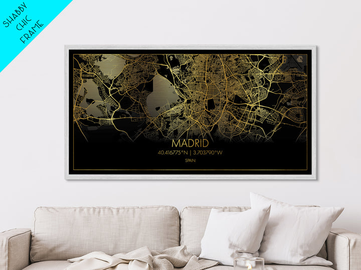 Madrid Spain City street map, Metallic Gold Print, Metal Art, wood framed map, black and gold, Street Map Wall Art, College Dorm Décor
