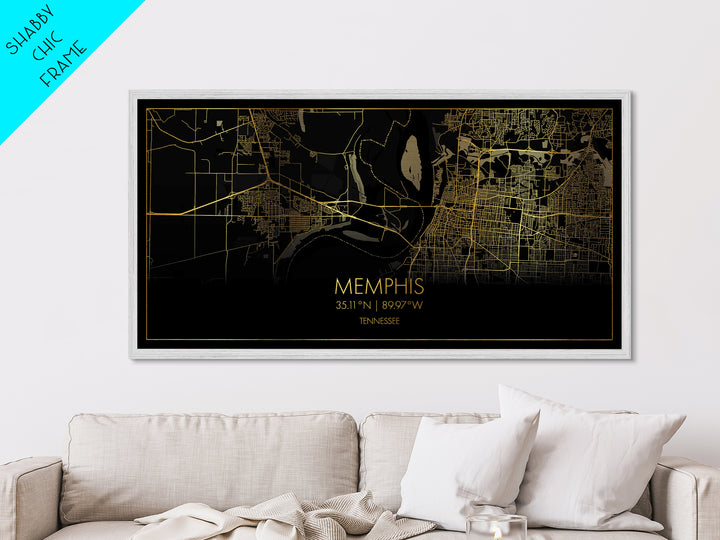 Memphis Tennessee City Poster, Metallic Gold Art, Metal Art, real wood frames, black and gold, Street Map Art, Housewarming Gift