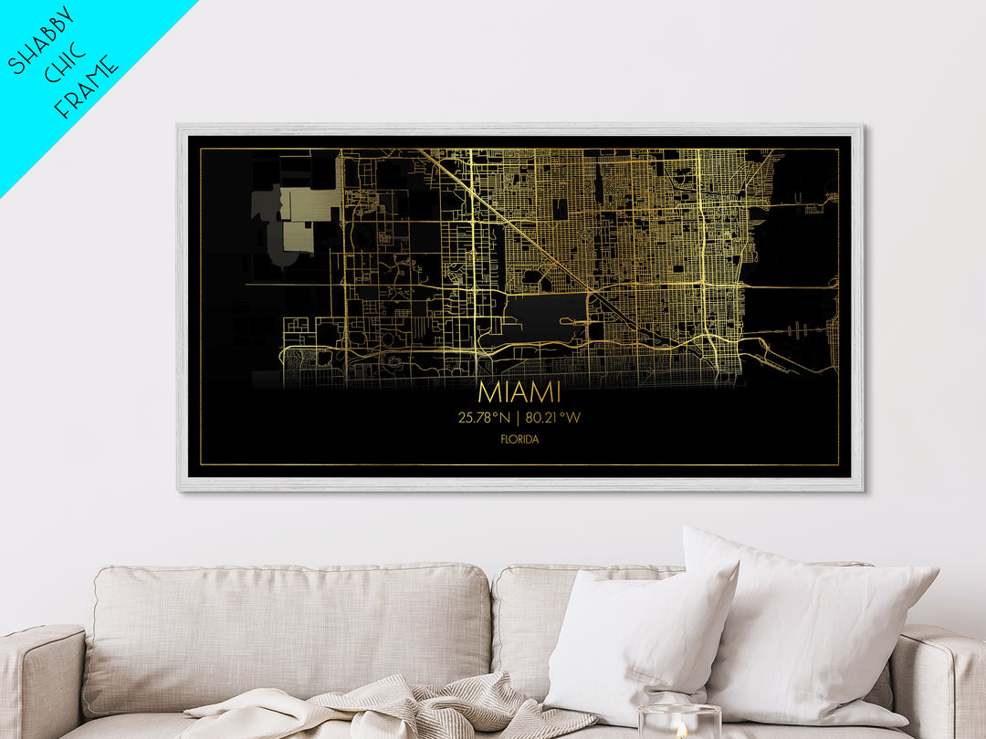 Miami Florida City Poster, Metallic Gold Art, Metal Art, real wood frames, black and gold, Street Map Art, Map Print Poster