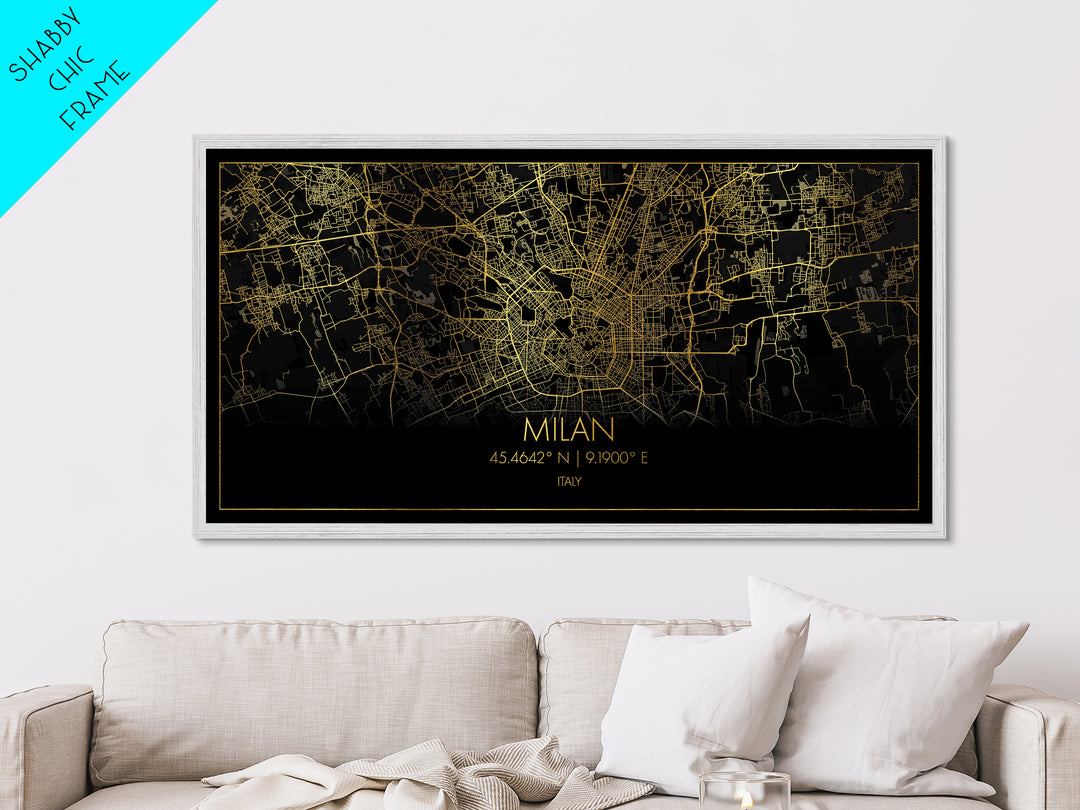 Milan Italy City street map, Metallic Gold Print, Metal Art, wood framed map, black and gold, Street Map Wall Art, Best Friend Gifts