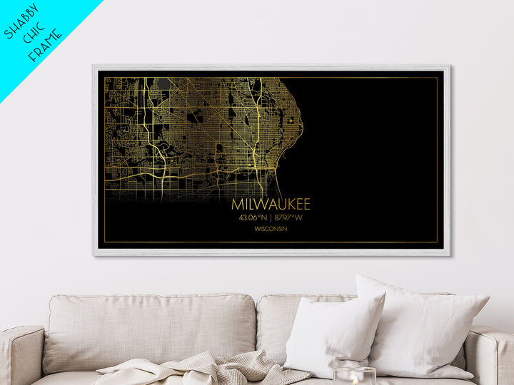 Milwaukee Wisconsin City Poster, Metallic Gold Art, Metal Art, real wood frames, black and gold, Street Map Art, Map Art