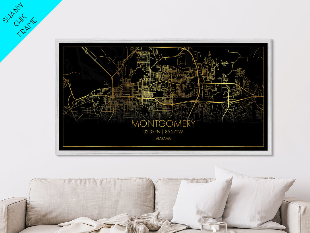 Montgomery Alabama City Poster, Metallic Gold Art, Metal Art, real wood frames, black and gold, Street Map Art, Office Decor