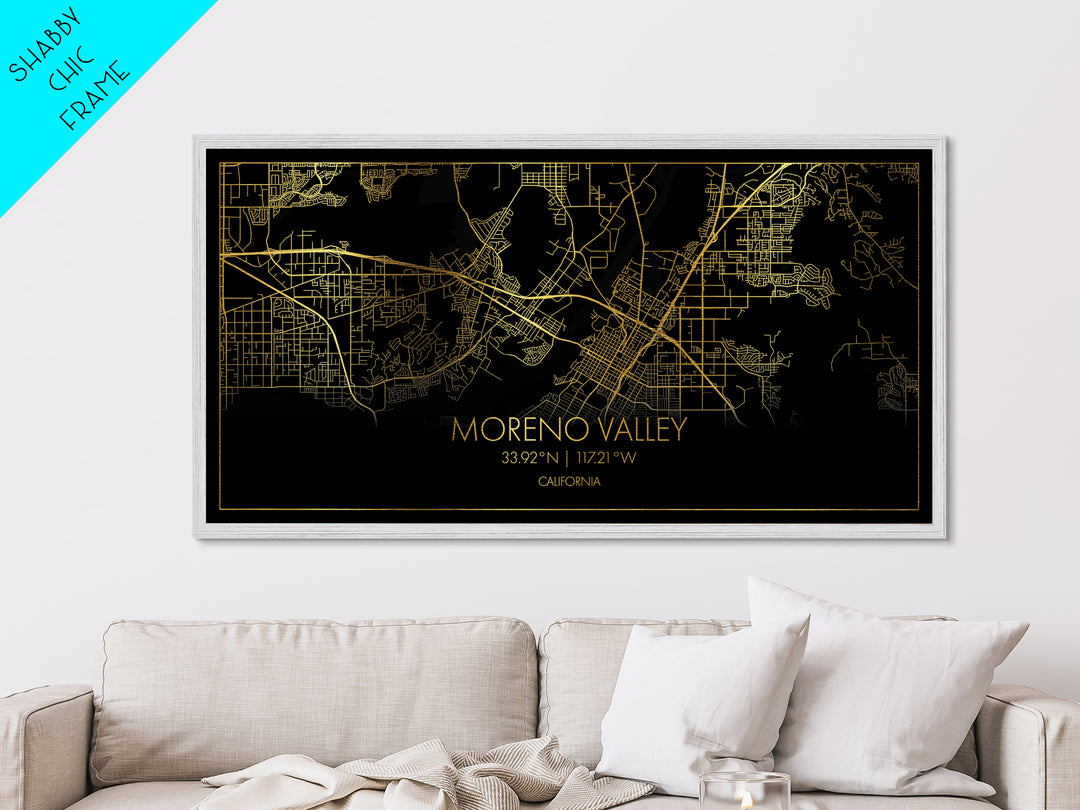 Moreno Valley California City street map, Metallic Gold Print, Metal Art, wood framed map, black and gold, Street Map Wall Art, Best Friend Gifts