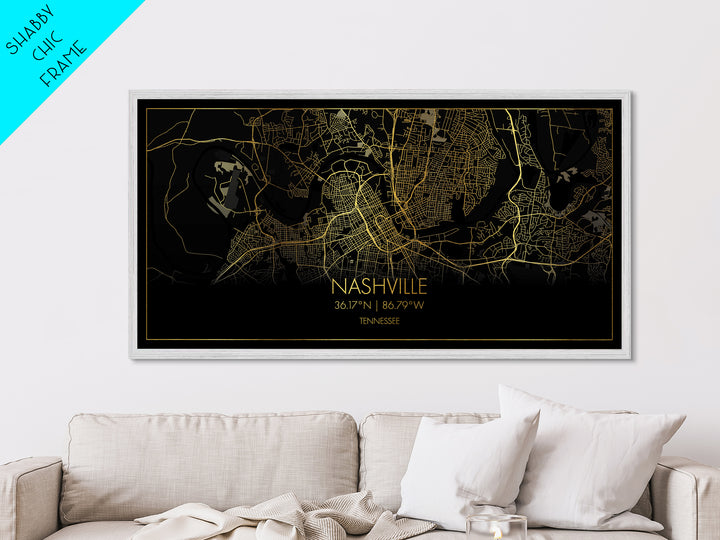 Nashville Tennessee City Poster, Metallic Gold Art, Metal Art, real wood frames, black and gold, Street Map Art, Map Art