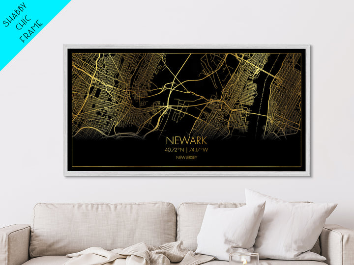 Newark New Jersey City street map, Metallic Gold Print, Metal Art, wood framed map, black and gold, Street Map Wall Art, Office Decor