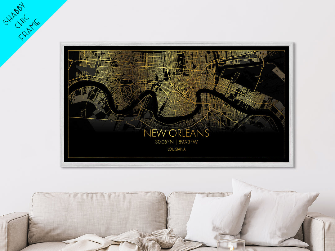 New Orleans Louisiana City Poster, Metallic Gold Art, Metal Art, real wood frames, black and gold, Street Map Art, Housewarming Gift