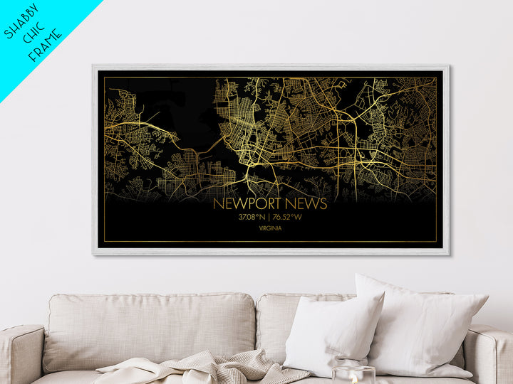 Newport News Virginia City street map, Metallic Gold Print, Metal Art, wood framed map, black and gold, Street Map Wall Art, Travel Poster