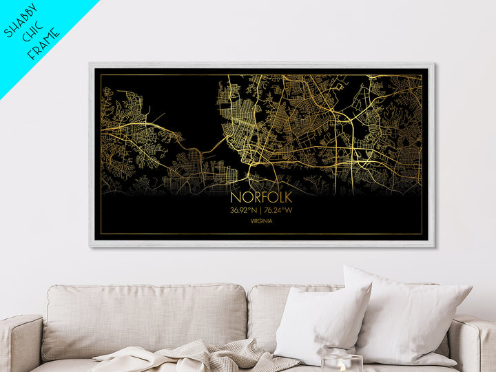 Norfolk Virginia City street map, Metallic Gold Print, Metal Art, wood framed map, black and gold, Street Map Wall Art, Best Friend Gifts