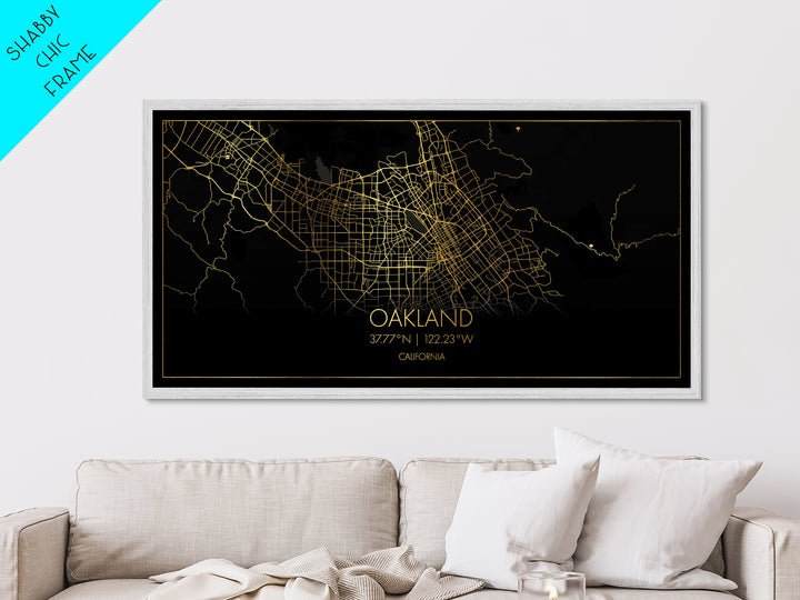 Oakland California City street map, Metallic Gold Print, Metal Art, wood framed map, black and gold, Street Map Wall Art, Office Decor
