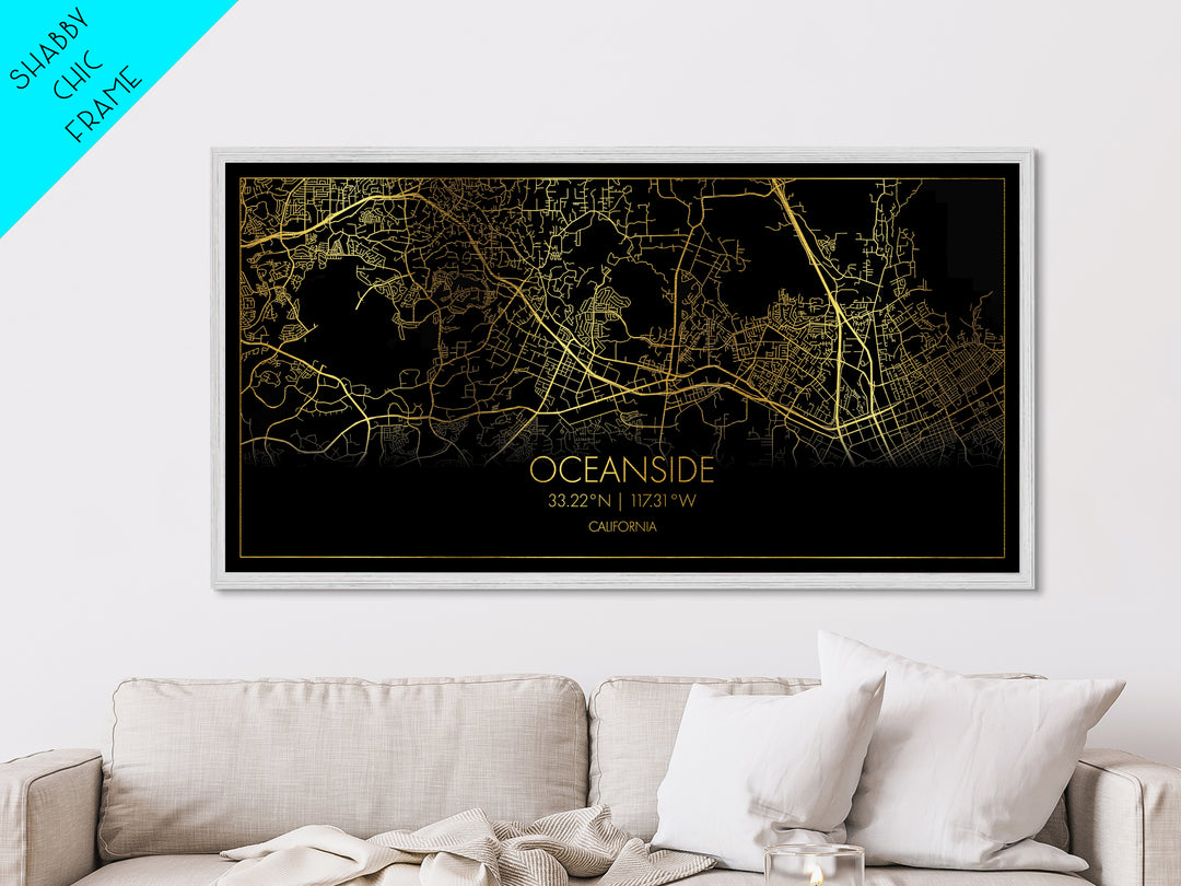 Oceanside California City Poster, Metallic Gold Art, Metal Art, real wood frames, black and gold, Street Map Art, Housewarming Gift