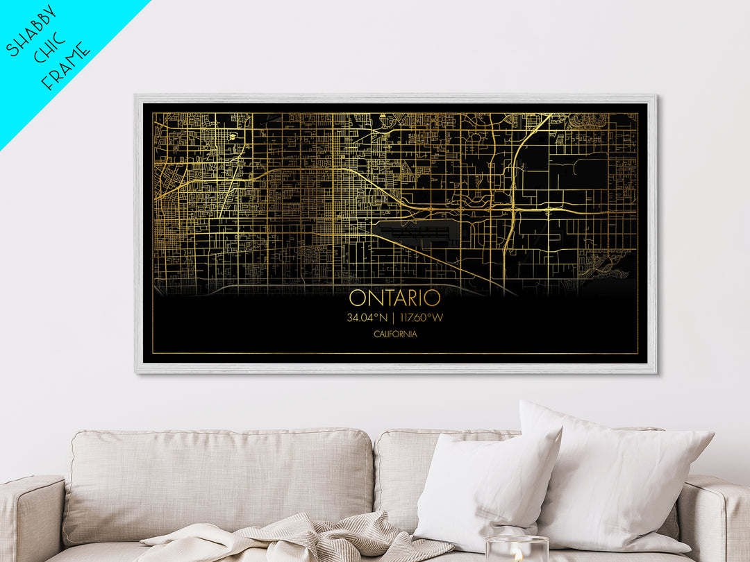 Ontario California City street map, Metallic Gold Print, Metal Art, wood framed map, black and gold, Street Map Wall Art, Minimalist Wall Art