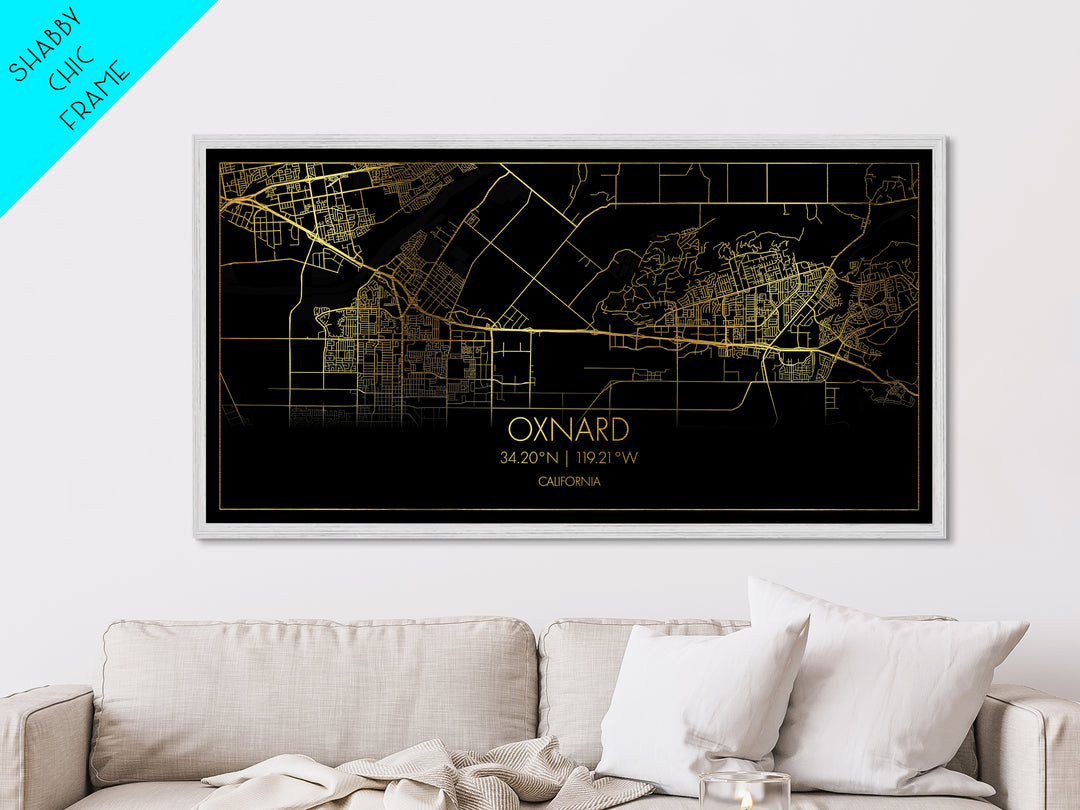 Oxnard California City street map, Metallic Gold Print, Metal Art, wood framed map, black and gold, Street Map Art, Housewarming Gift