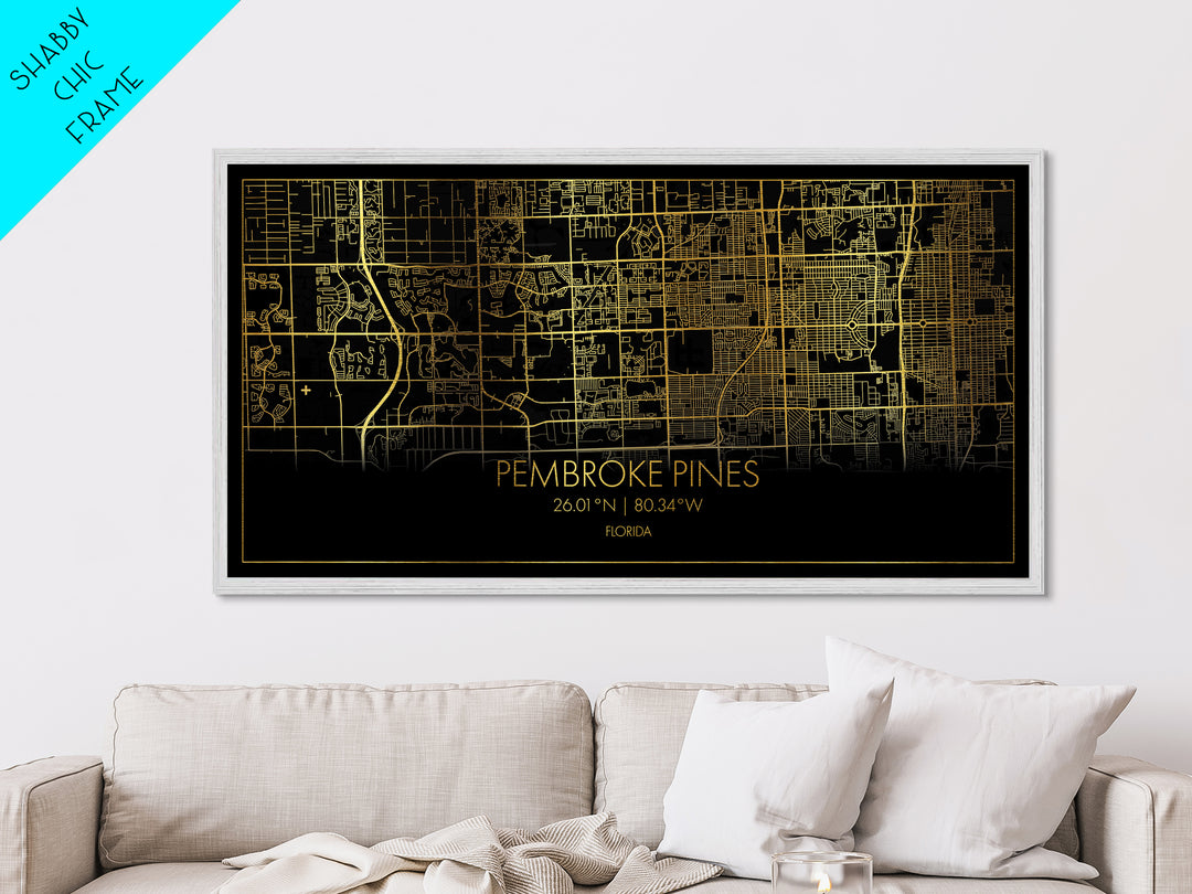 Pembroke Pines Florida City street map, Metallic Gold Print, Metal Art, wood framed map, black and gold, Street Map Art, Best Friend Gifts