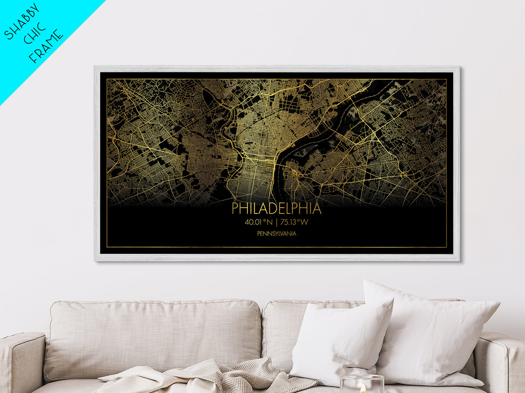 Philadelphia Pennsylvania City street map, Metallic Gold Print, Metal Art, wood framed map, black and gold, Street Map Art, Housewarming Gift