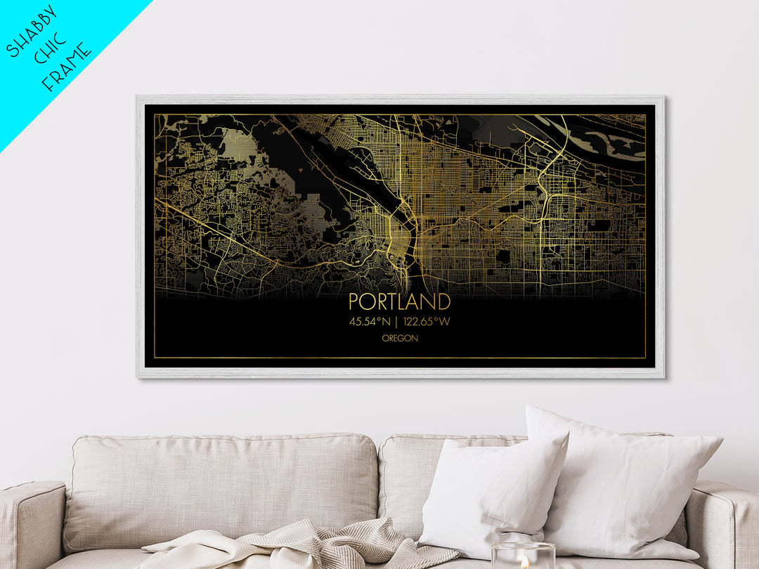 Portland Oregon City street map, Metallic Gold Print, Metal Art, wood framed map, black and gold, Street Map Art, Travel Poster