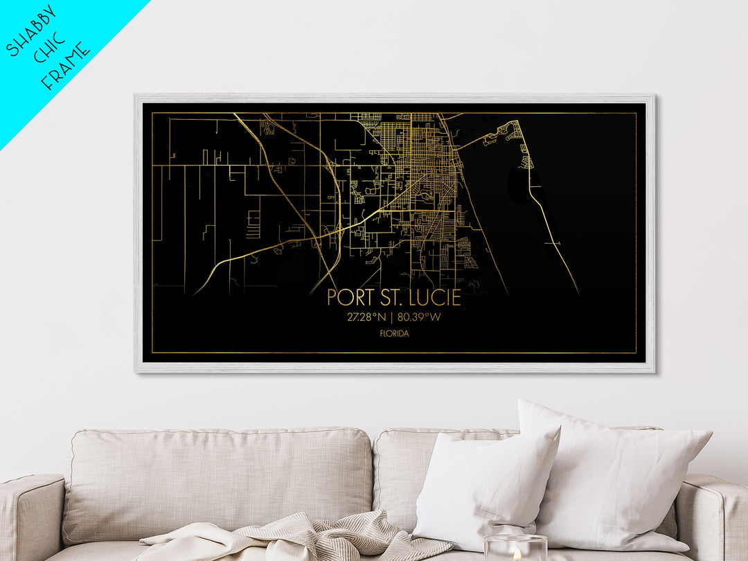 Port St. Lucie Florida City Poster, Metallic Gold Art, Metal Art, real wood frames, black and gold, Street Map Wall Art, Housewarming Gift