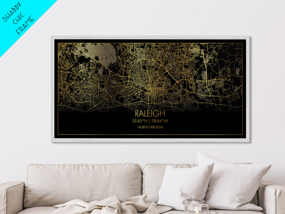 Raleigh North Carolina City street map, Metallic Gold Print, Metal Art, wood framed map, black and gold, Street Map Art, Minimalist Wall Art