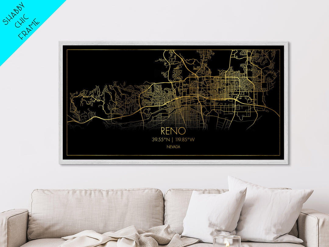 Reno Nevada City street map, Metallic Gold Print, Metal Art, wood framed map, black and gold, Street Map Art, Office Decor