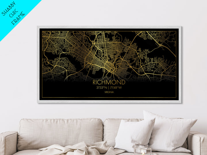 Richmond Virginia City Poster, Metallic Gold Art, Metal Art, real wood frames, black and gold, Street Map Wall Art, Housewarming Gift