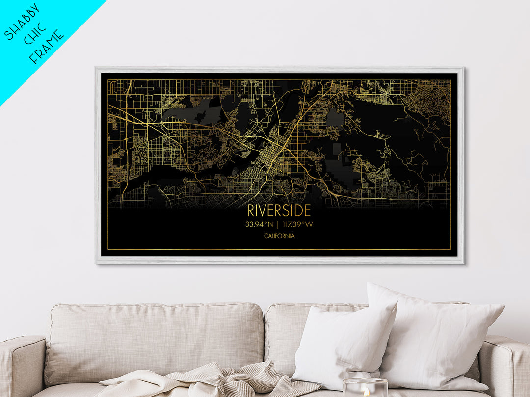 Riverside California City street map, Metallic Gold Print, Metal Art, wood framed map, black and gold, Street Map Art, Real Wood Frames