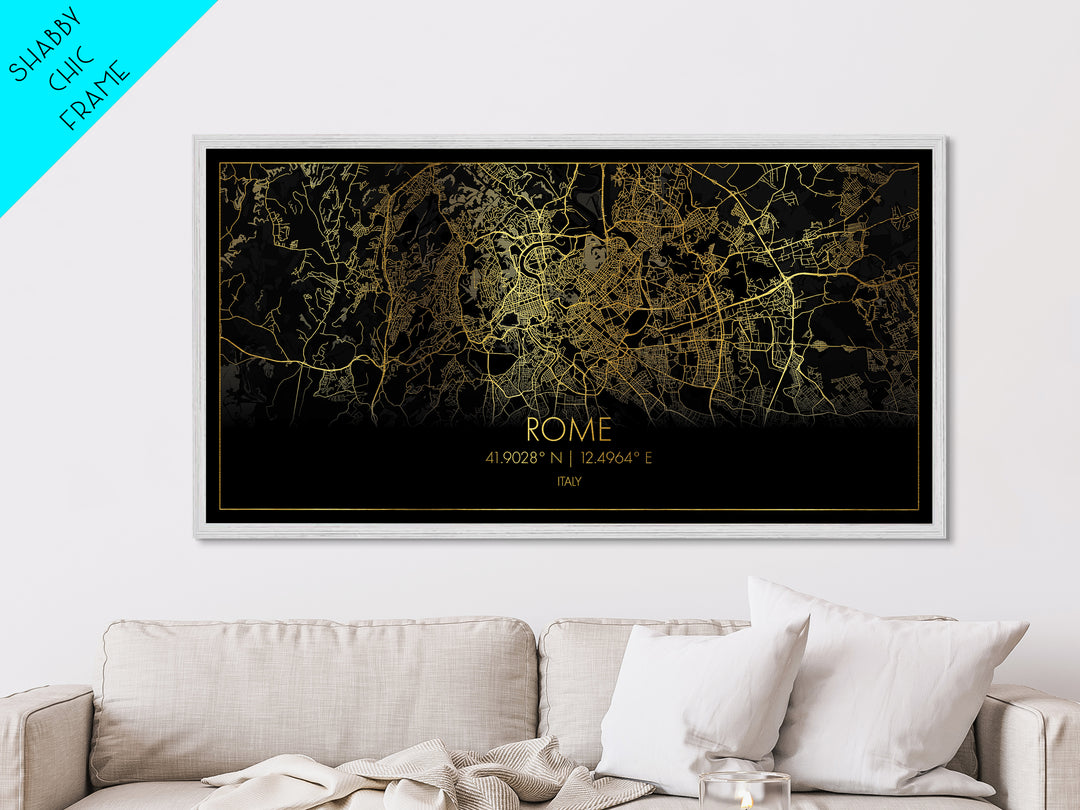 Rome Italy City street map, Metallic Gold Print, Metal Art, wood framed map, black and gold, Street Map Art, Modern Wall Art