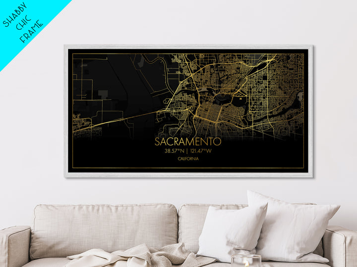 Sacramento California City Poster, Metallic Gold Art, Metal Art, real wood frames, black and gold, Street Map Wall Art, Minimalist Wall Art