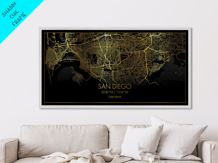 San Diego California City Poster, Metallic Gold Art, Metal Art, real wood frames, black and gold, Street Map Wall Art, Minimalist Wall Art