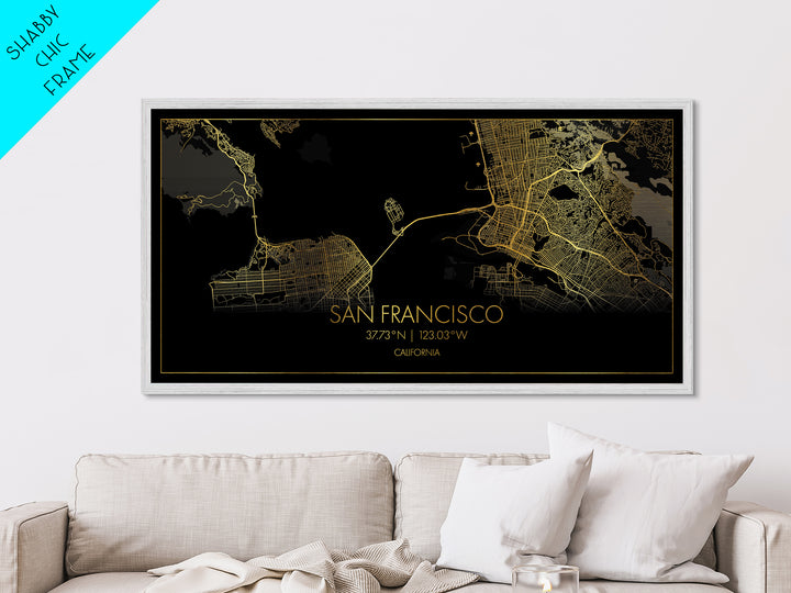 San Francisco California City street map, Metallic Gold Print, Metal Art, wood framed map, black and gold, Street Map Art, Gold Street Map Art