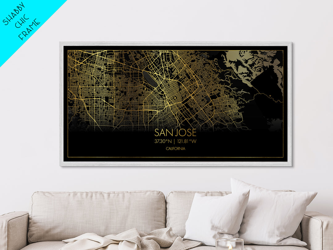 San Jose California City Poster, Metallic Gold Art, Metal Art, real wood frames, black and gold, Street Map Wall Art, Housewarming Gift
