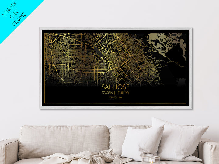 San Jose California City Poster, Metallic Gold Art, Metal Art, real wood frames, black and gold, Street Map Wall Art, Housewarming Gift