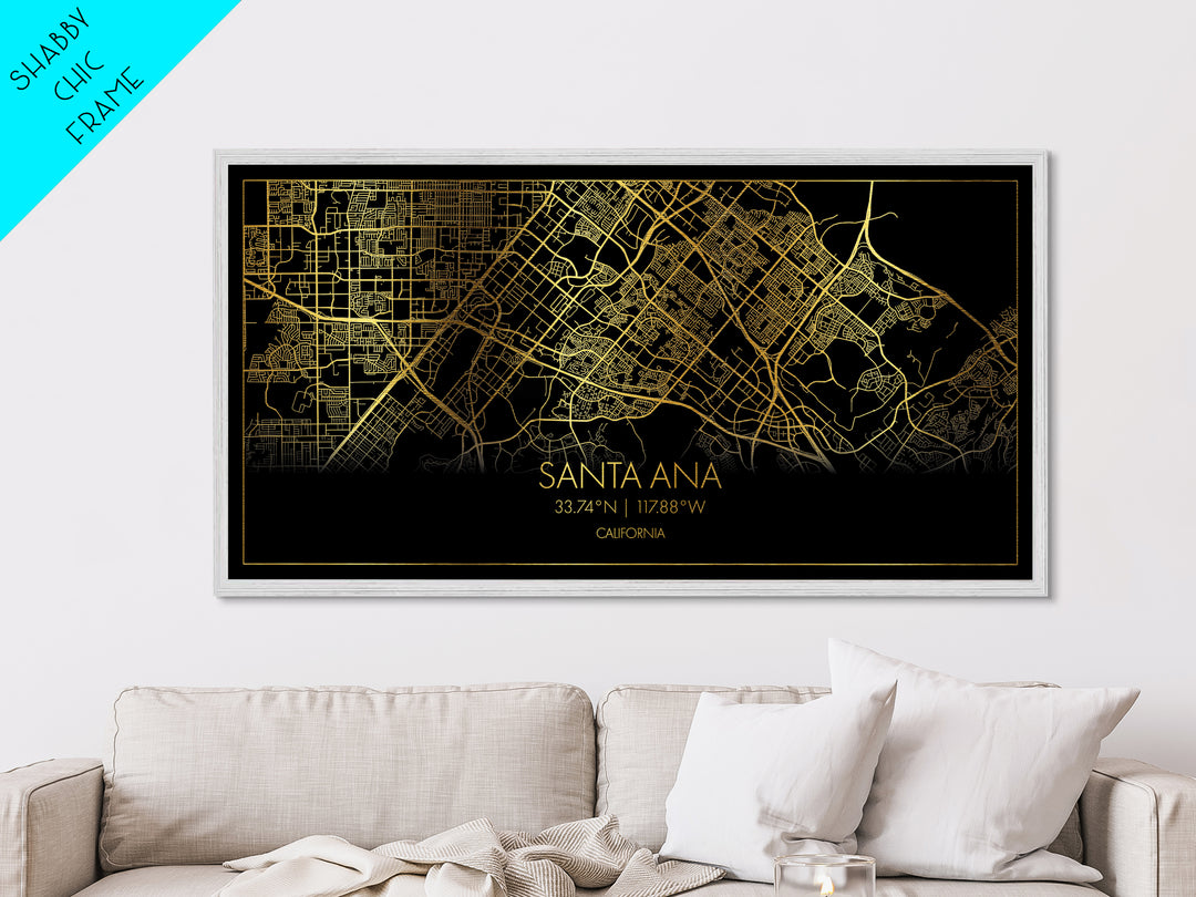 Santa Ana California City street map, Metallic Gold Print, Metal Art, wood framed map, black and gold, Street Map Art, Modern Wall Art
