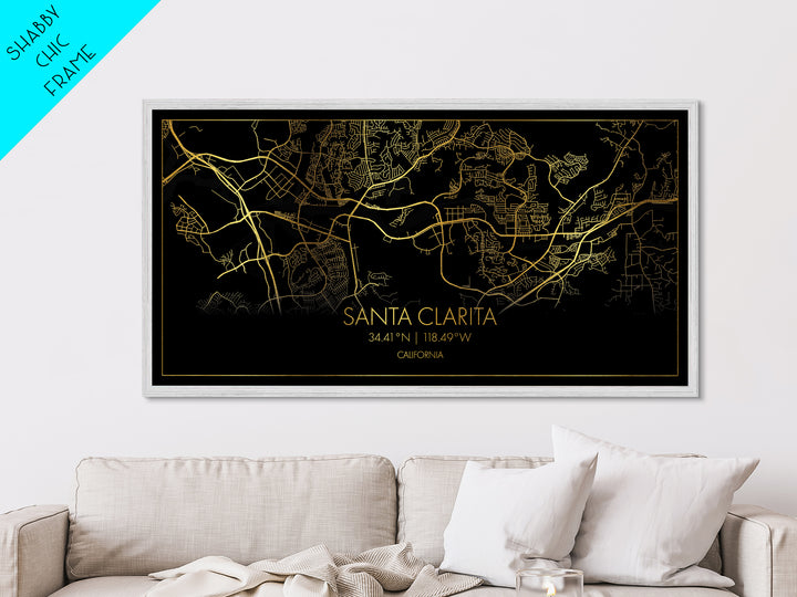 Santa Clarita California City Poster, Metallic Gold Art, Metal Art, real wood frames, black and gold, Street Map Wall Art, Real Wood Frames