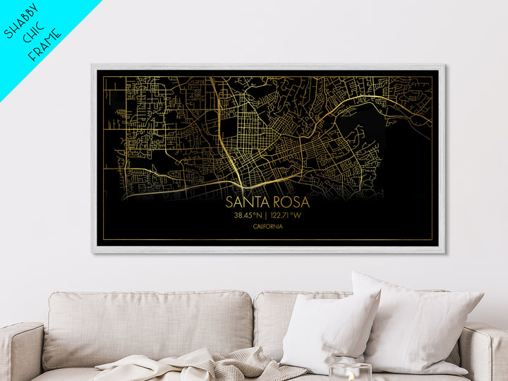 Santa Rosa California City street map, Metallic Gold Print, Metal Art, wood framed map, black and gold, Street Map Art, Minimalist Wall Art