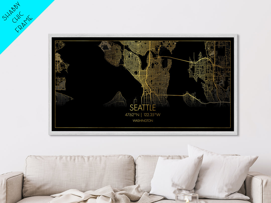 Seattle Washington City street map, Metallic Gold Print, Metal Art, wood framed map, black and gold, Street Map Art, Gold Street Map Art