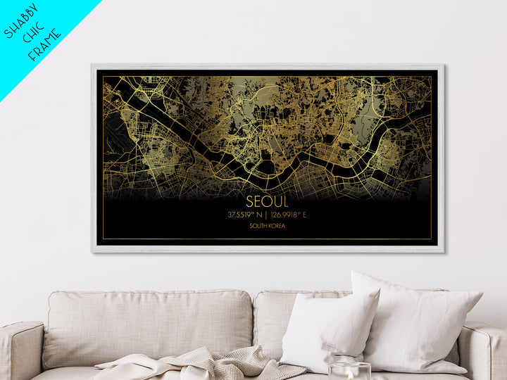 Seoul South Korea City Poster, Metallic Gold Art, Metal Art, real wood frames, black and gold, Street Map Wall Art, Office Decor