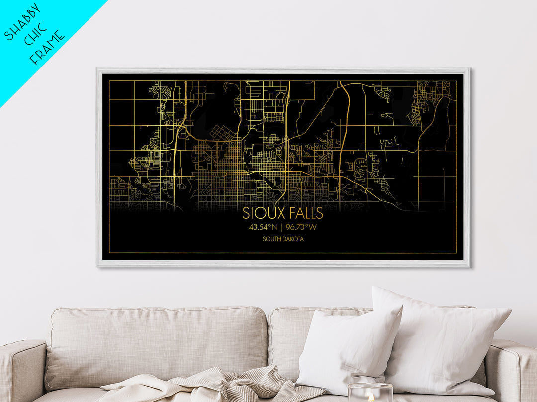 Sioux Falls South Dakota City street map, Metallic Gold Print, Metal Art, wood framed map, black and gold, Street Map Art, Best Friend Gifts