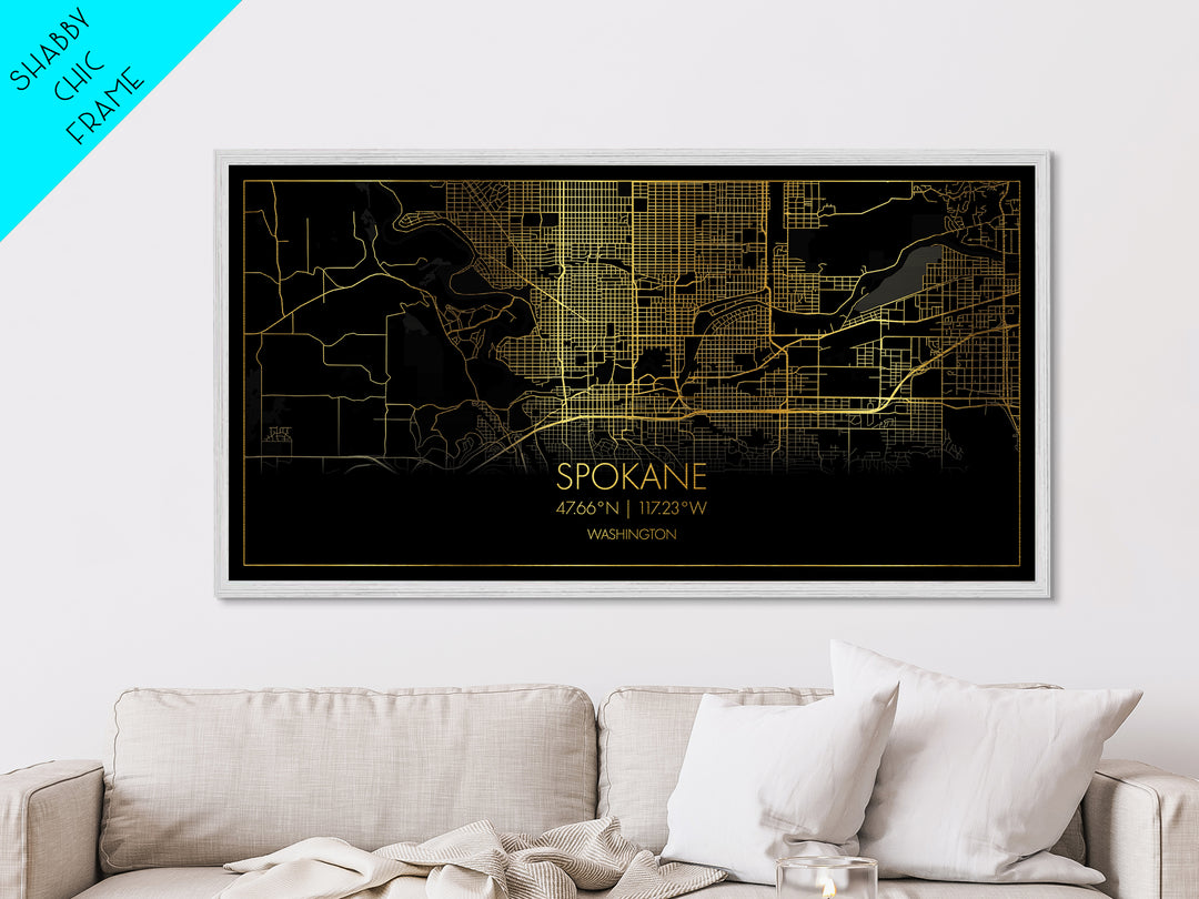 Spokane Washington City street map, Metallic Gold Print, Metal Art, wood framed map, black and gold, Street Map Art, Modern Wall Art