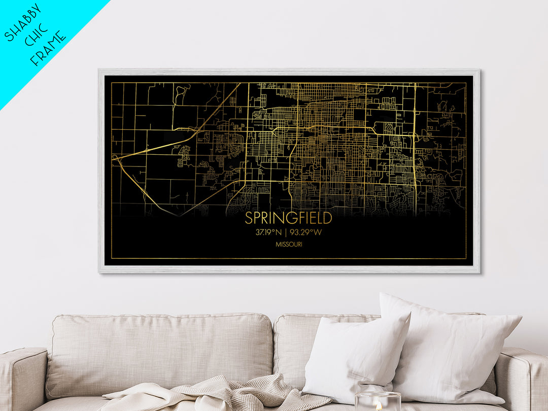 Springfield Missouri City Poster, Metallic Gold Art, Metal Art, real wood frames, black and gold, Street Map Wall Art, Minimalist Wall Art
