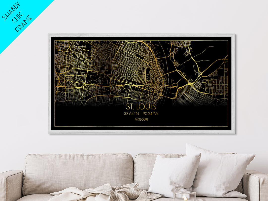 St. Louis Missouri City street map, Metallic Gold Print, Metal Art, wood framed map, black and gold, Street Map Art, Gold Street Map Art