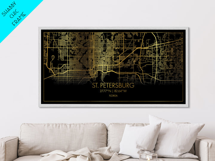 St. Petersburg Florida City street map, Metallic Gold Print, Metal Art, wood framed map, black and gold, Street Map Art, Real Wood Frames