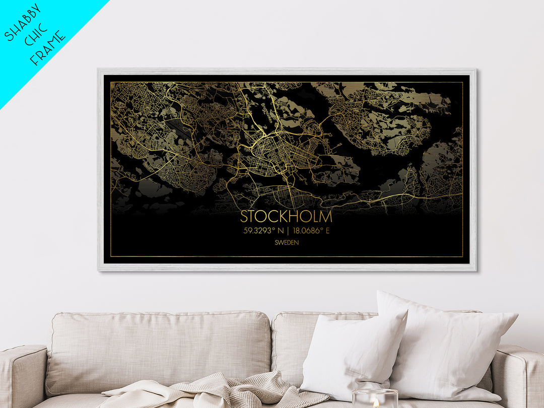 Stockholm Sweden City Poster, Metallic Gold Art, Metal Art, real wood frames, black and gold, Street Map Wall Art, Housewarming Gift