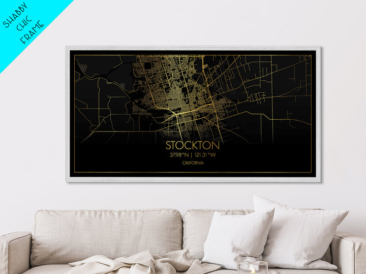 Stockton California City street map, Metallic Gold Print, Metal Art, wood framed map, black and gold, Street Map Art, Modern Wall Art