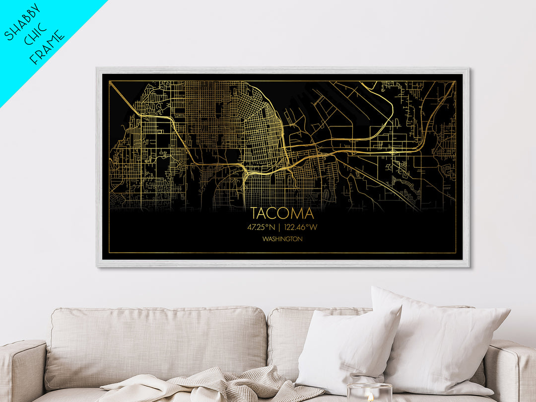 Tacoma Washington City Poster, Metallic Gold Art, Metal Art, real wood frames, black and gold, Street Map Wall Art, College Dorm Décor