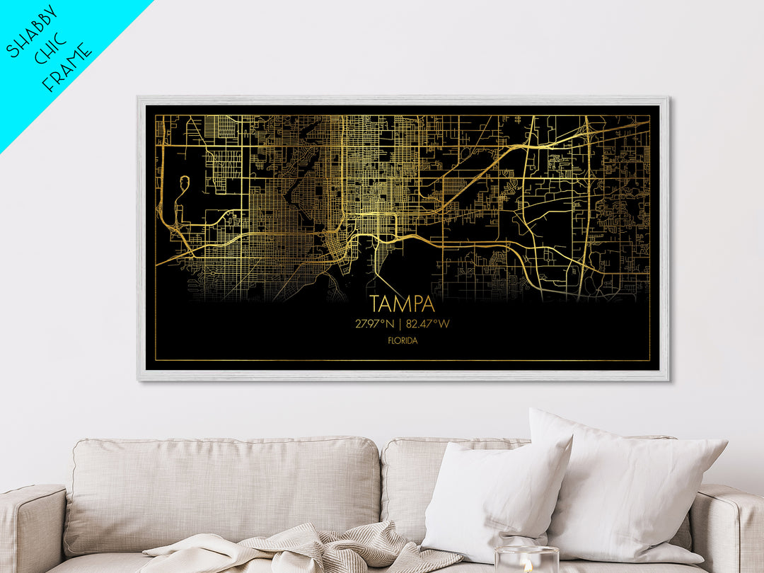 Tampa Florida City Poster, Metallic Gold Art, Metal Art, real wood frames, black and gold, Street Map Wall Art, Real Wood Frames