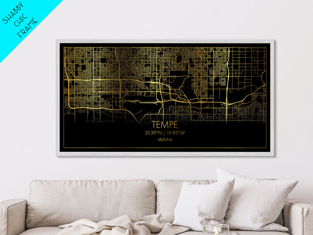 Tempe Arizona City street map, Metallic Gold Print, Metal Art, wood framed map, black and gold, Street Map Art, Modern Wall Art