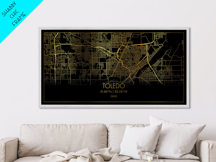 Toledo Ohio City street map, Metallic Gold Print, Metal Art, wood framed map, black and gold, Street Map Art, Gold Street Map Art